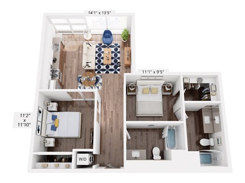 Floor plan for 2 beds, 2 baths, 904 sqft